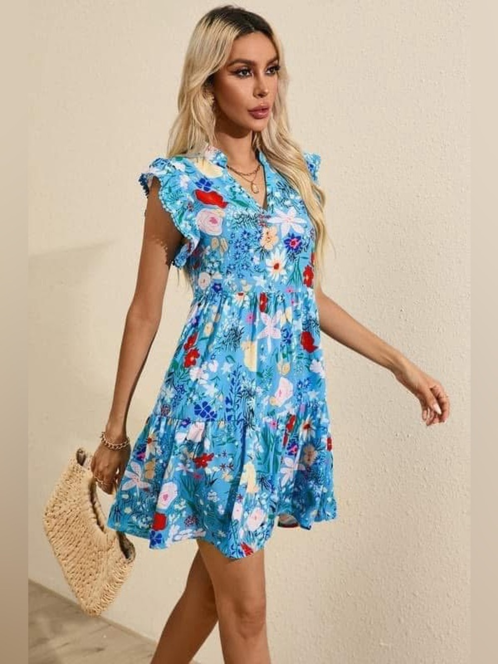🩵Floral V-Neck Flutter-Sleeve Mini Dress🩵